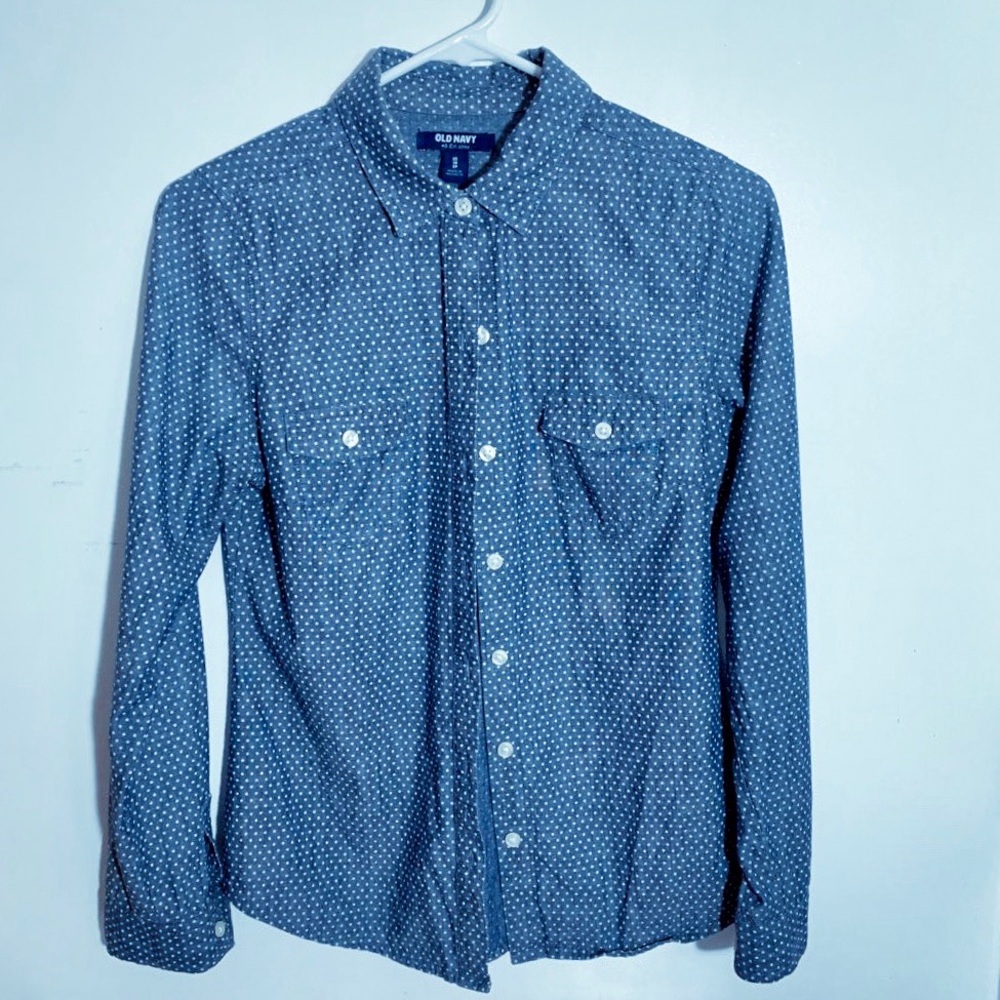 old Navy Blouse Blue Chambray White Polka Dot  XS.